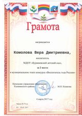 Грамота за II место в муниципальном этапе конкурса "Воспитатель года России" - 2017 год